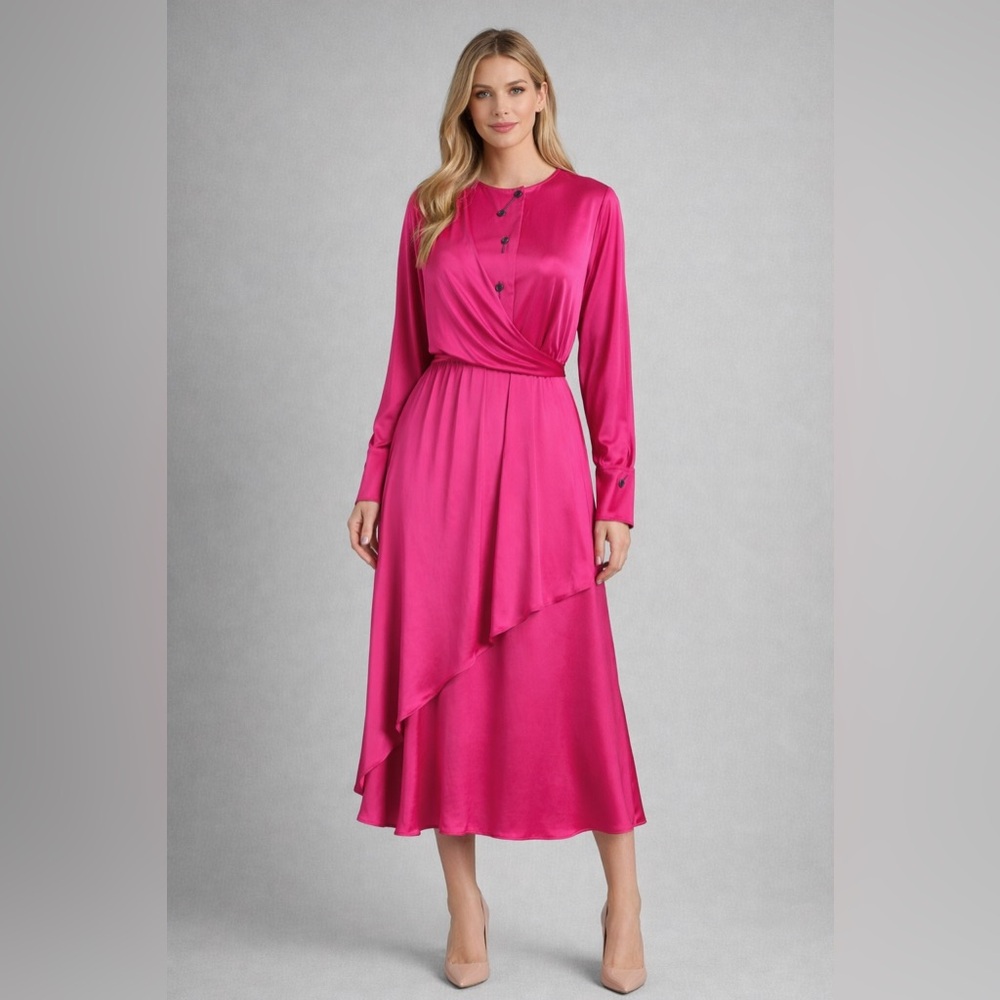 Palmer//Harding Pink Satin Midi Dress – Luxury Draped Long Sleeve Dress US 10